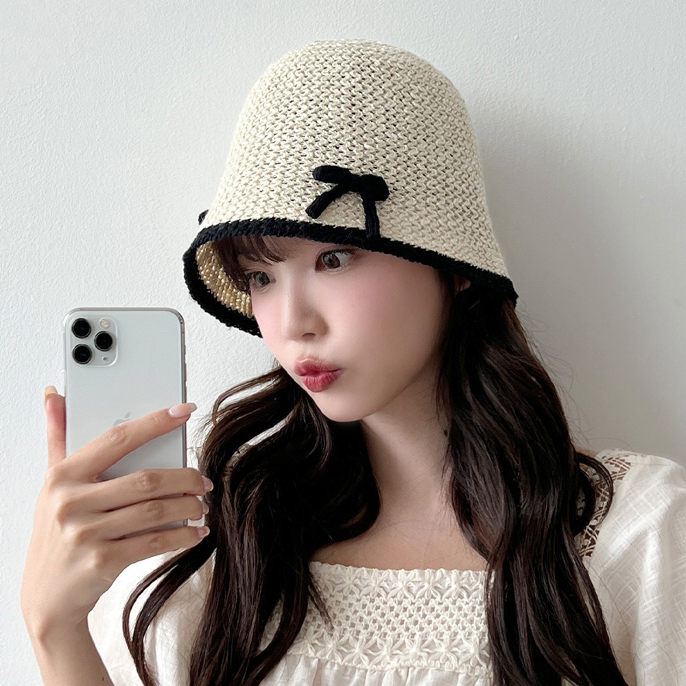 동대문모자 배색 리본 린넨 여름 여성 벙거지 플로피햇 - 상품 이미지