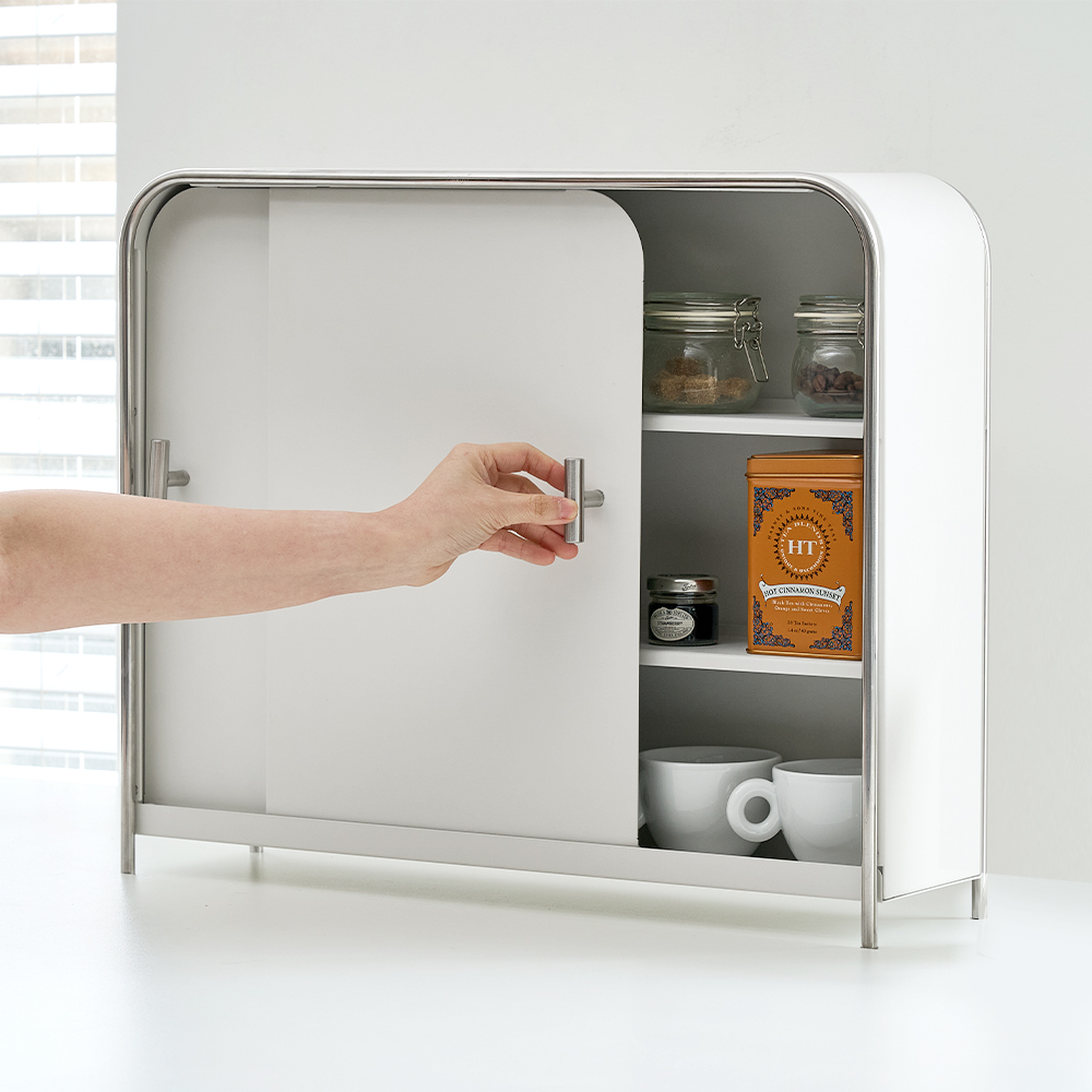 무디타 비화이트 와이드 슬림 양문형 주방 수납함 / 철제 슬라이딩 양념통 틈새 정리함