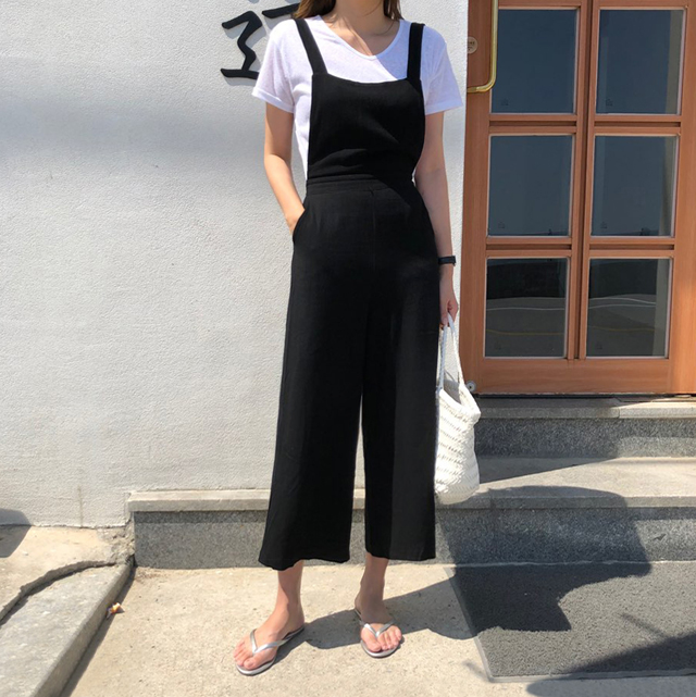 여름 린넨 여자 멜빵바지 여성 와이드 팬츠