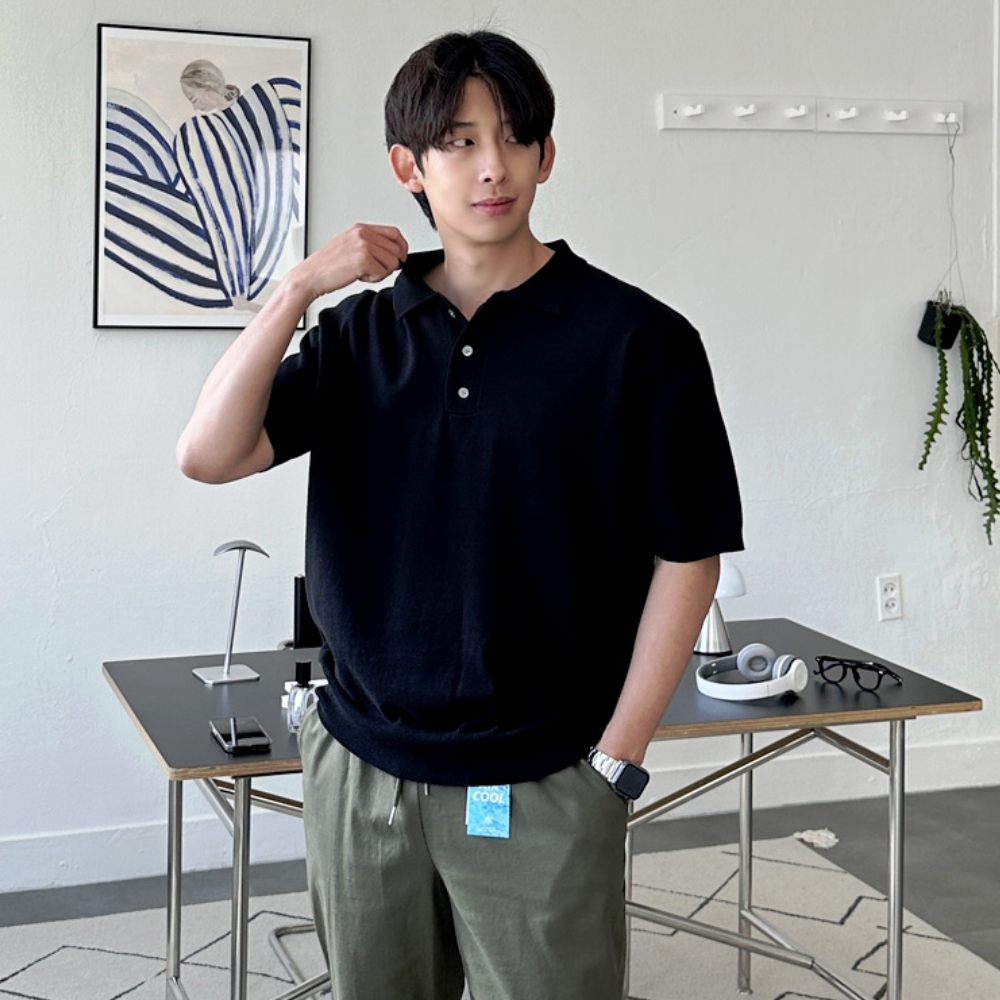 남자 와일러 여름 3버튼 단작포인트 린넨 반팔 카라 니트 9컬러 - 상세 이미지 5