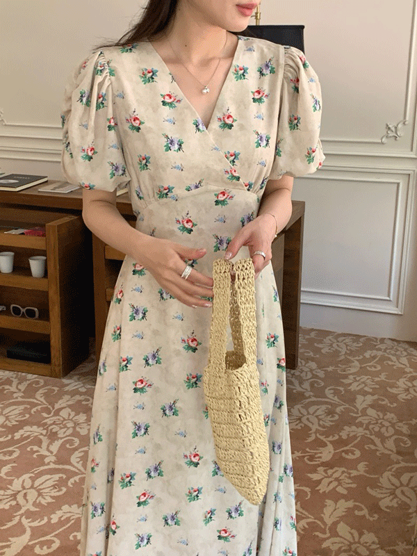 위고 플라워 꽃무늬 브이넥 플레어 소매 퍼프 반팔 허리 스트랩 A라인 롱 원피스