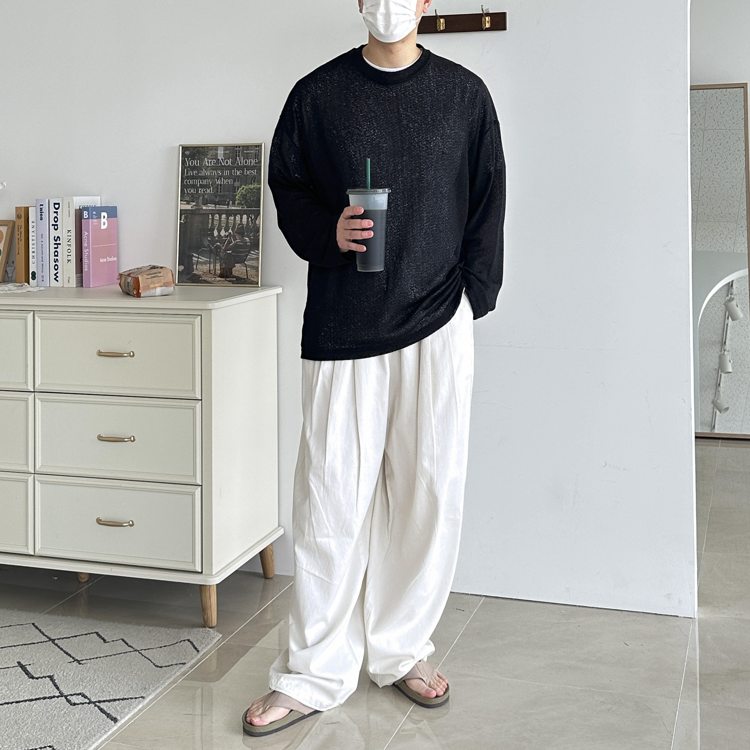 린넨 망사 그물 시스루 펀팅 여름 롱 슬리브 긴팔 티셔츠 바캉스 스윔비치웨어 4color - 상세 이미지 3