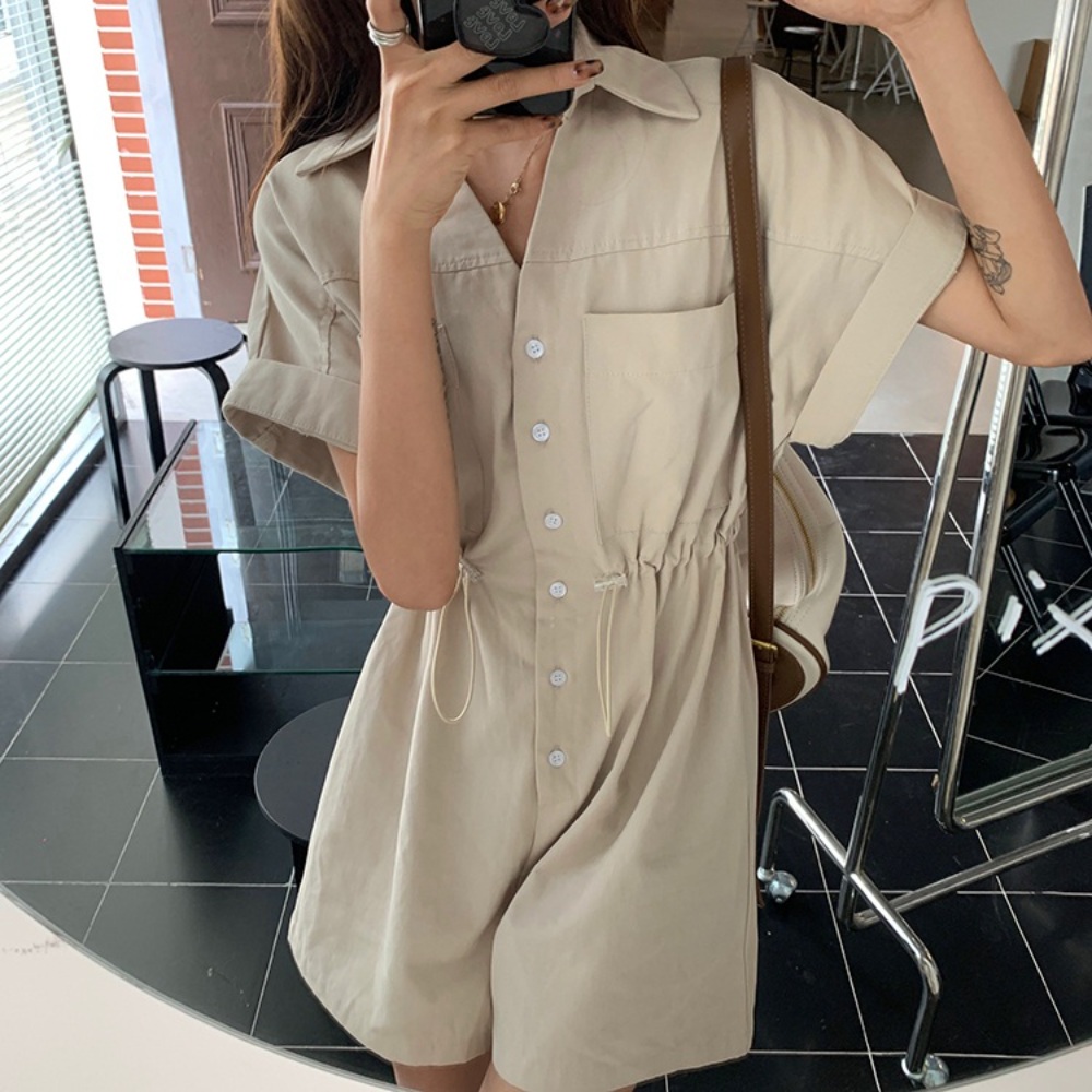 반바지 반팔 점프수트 캐주얼 데일리 여름 그레이 아이보리 - 상세 이미지 2