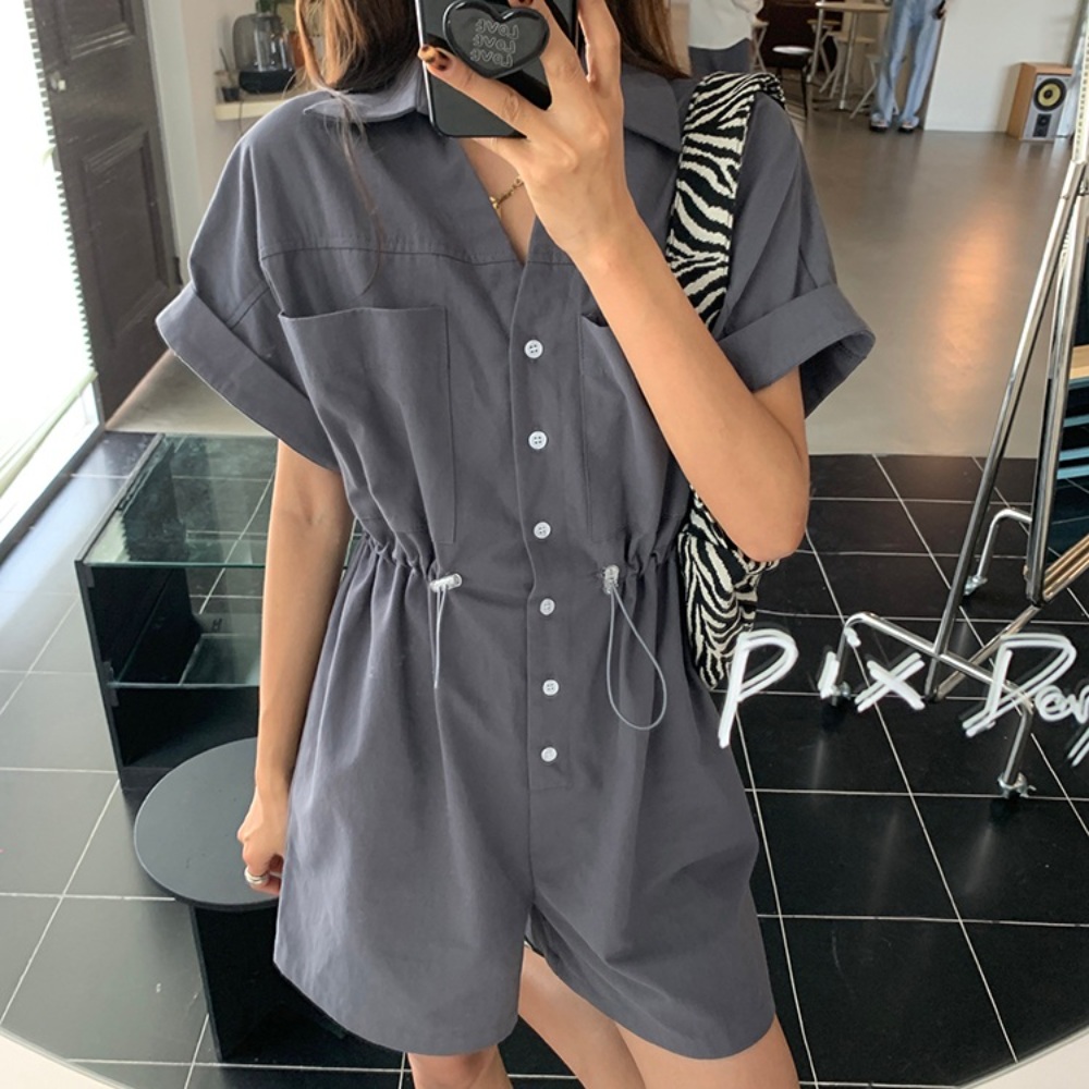 반바지 반팔 점프수트 캐주얼 데일리 여름 그레이 아이보리 - 상세 이미지 4