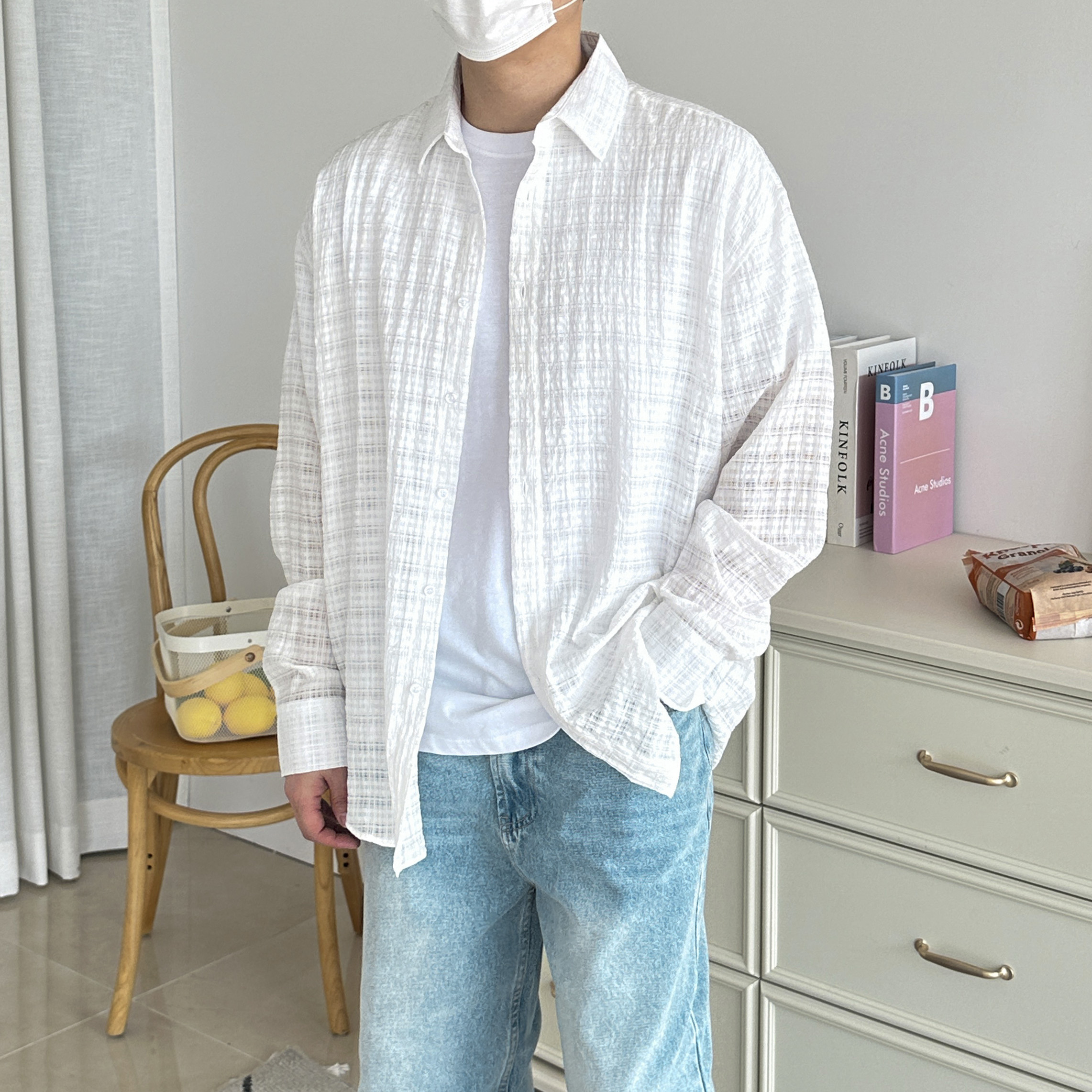 스퀘어 시어서커 체크 오버핏 여름 긴팔 셔츠 4color 이미지 2
