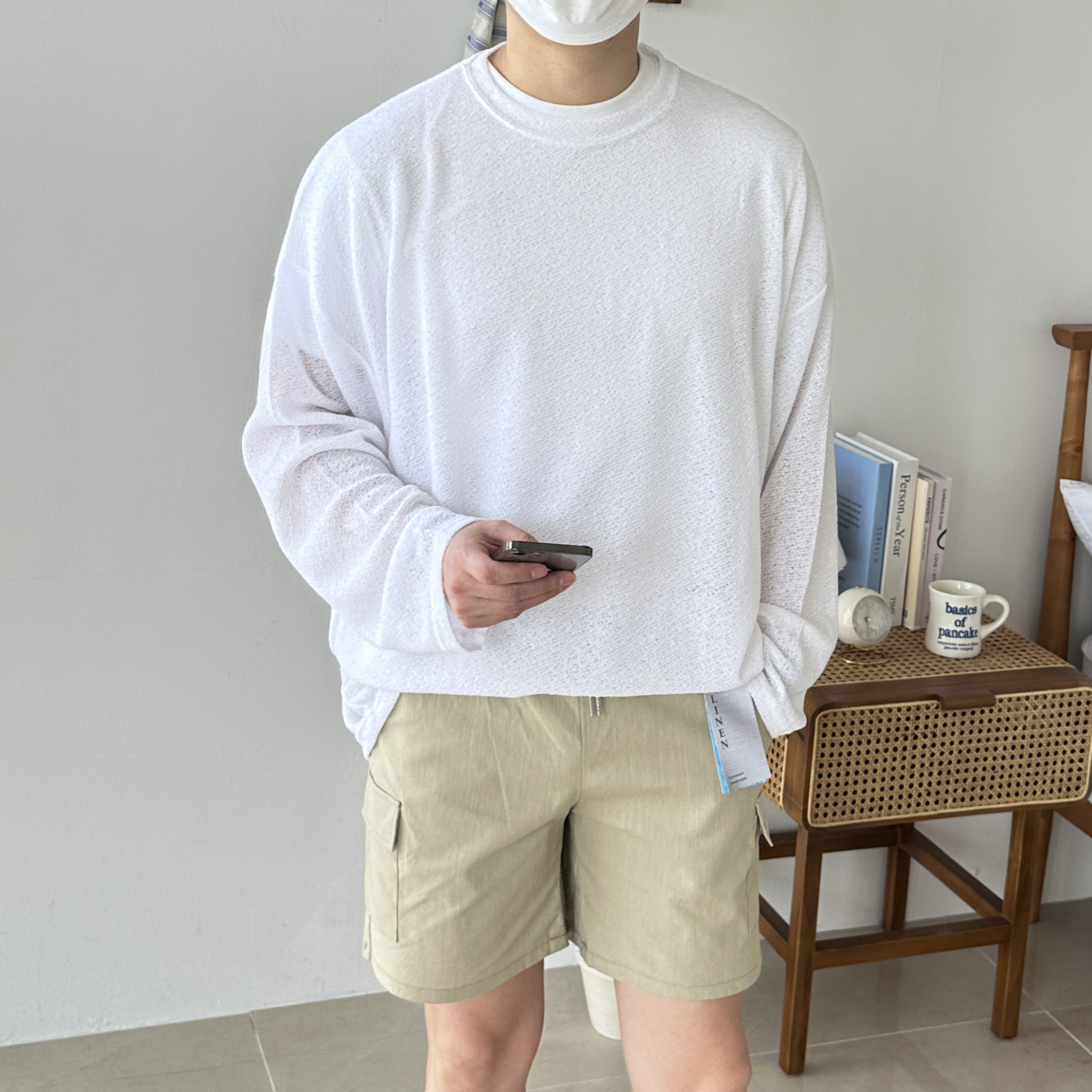 린넨 망사 그물 시스루 펀팅 여름 롱 슬리브 긴팔 티셔츠 바캉스 스윔비치웨어 4color 이미지 6