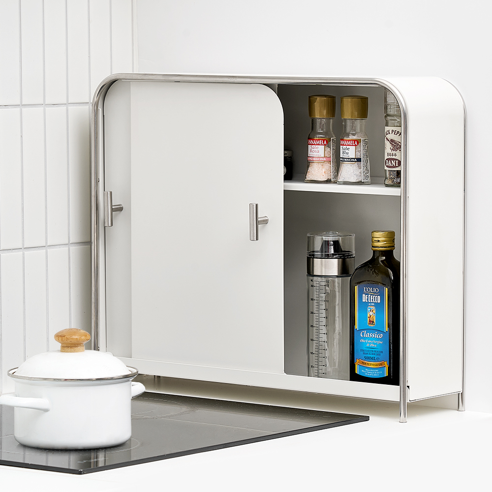 무디타 비화이트 와이드 슬림 양문형 주방 수납함 / 철제 슬라이딩 양념통 틈새 정리함