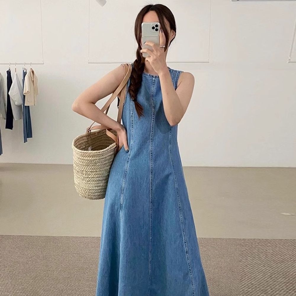 여름 데님 원피스 민소매 A라인 청원피스 드레스 - 상세 이미지 2