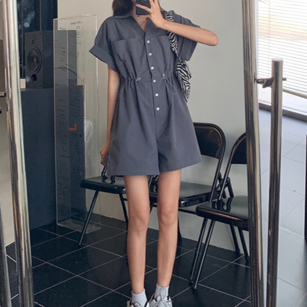 반바지 반팔 점프수트 캐주얼 데일리 여름 그레이 아이보리 - 상품 이미지
