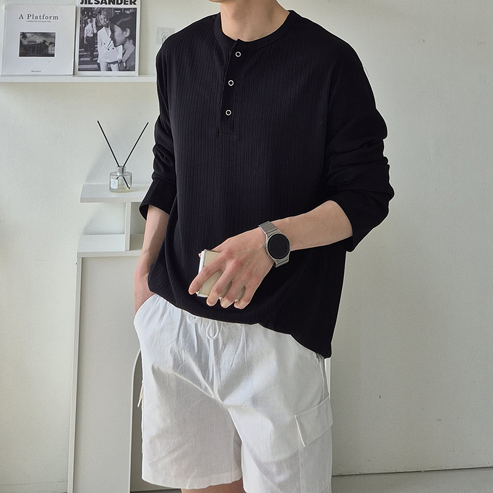 남성 오버핏 아이스 헨리넥 티셔츠 남자여름긴팔티 - 상세 이미지 2