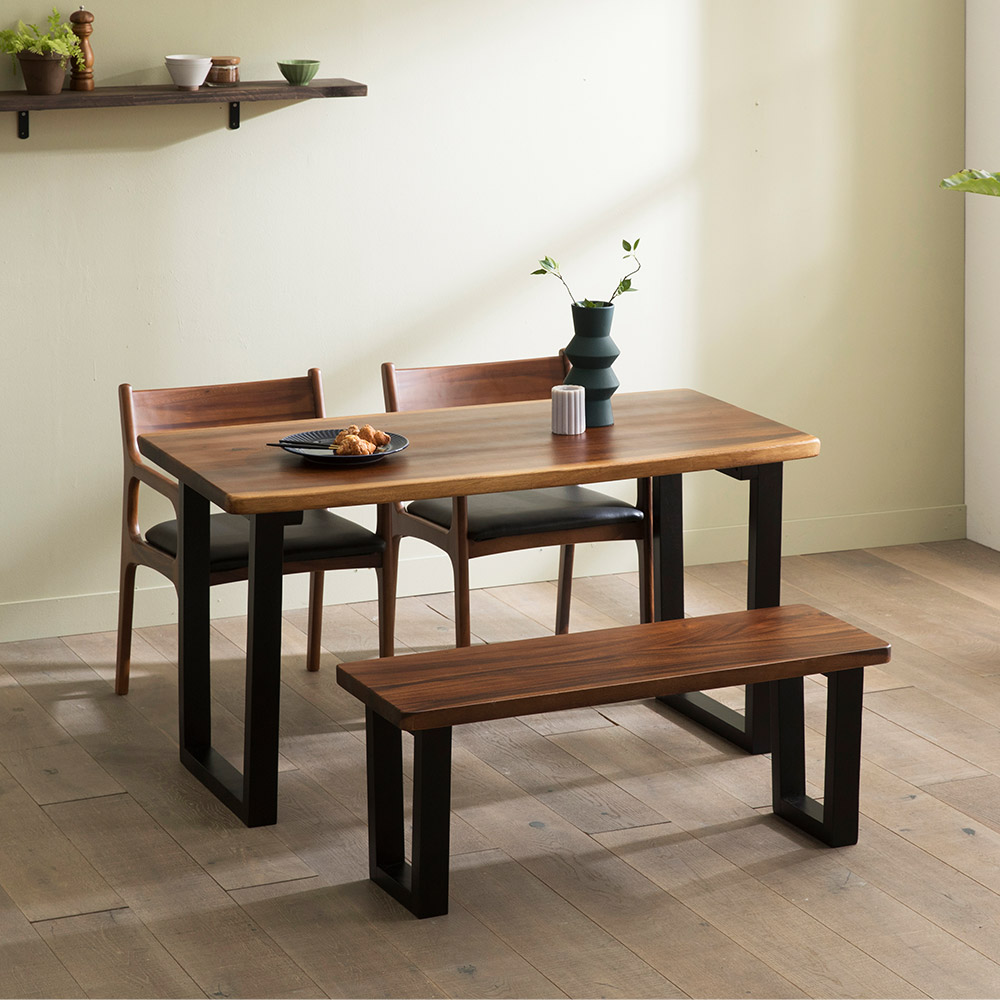장인가구 에픽 로즈우드 원목 우드슬랩 고재 엔틱 테이블 4인 식탁세트 (벤치1+의자2)