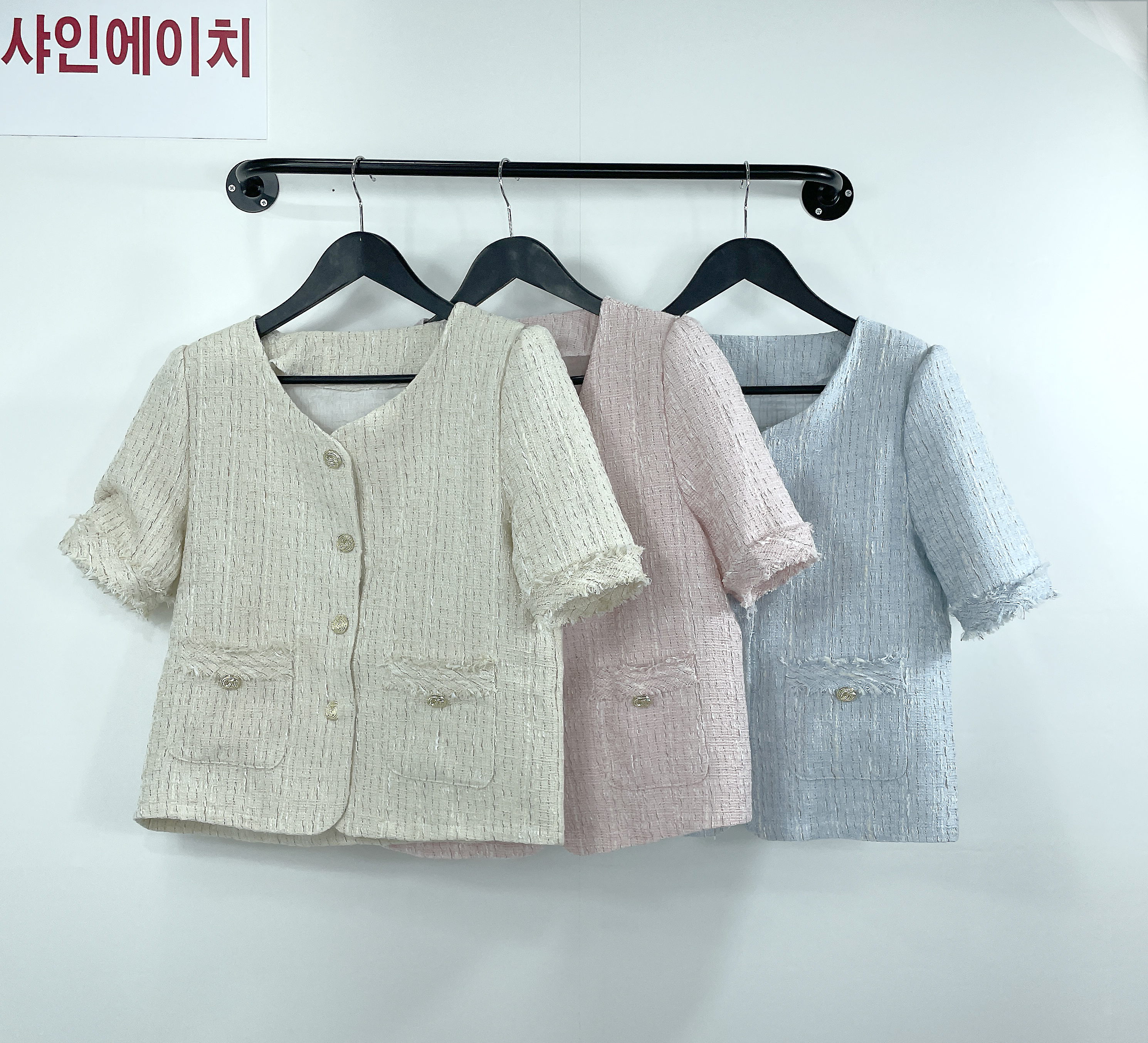 여자여자몰 기장좋음숏자켓 소매수술 골드버튼 파스텔컬러 트위드반팔자켓 여름 늦봄 가을 - 상품 이미지