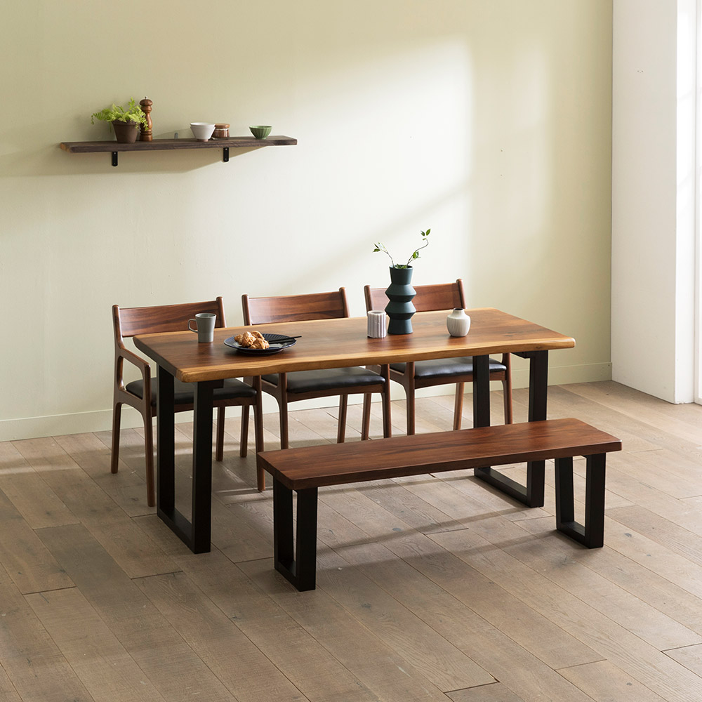 장인가구 에픽 로즈우드 원목 우드슬랩 고재 엔틱 테이블 4인 식탁세트 (벤치1+의자2)