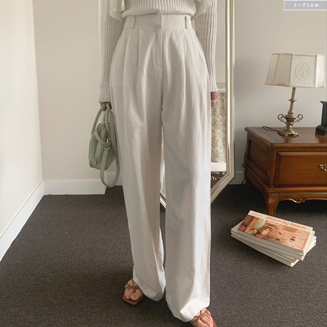 론즈 린넨 투핀턱 뒷밴딩 와이드 슬랙스 팬츠 4col 여름 봄 주름 세미 제이플로우 - 상세 이미지 2