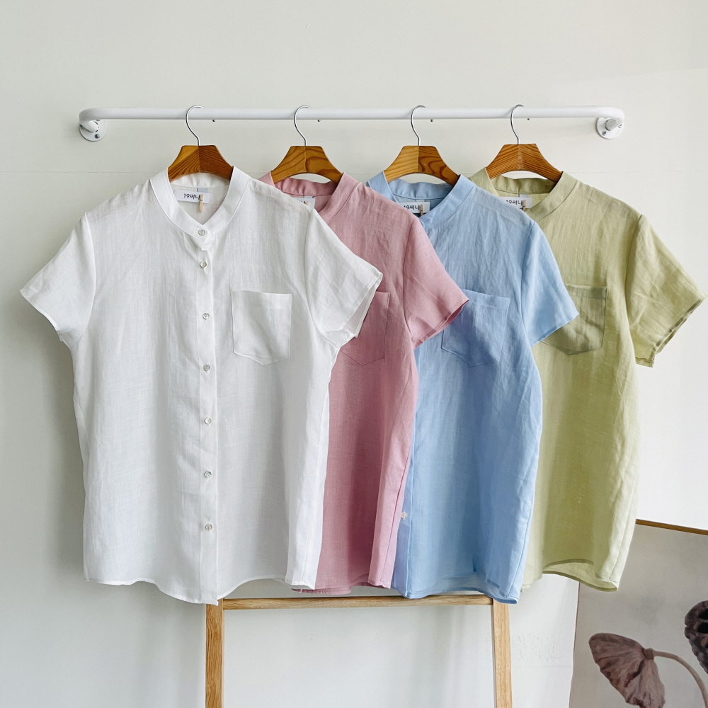 린넨 100% 셔츠 여름 여성 헨리넥 루즈핏 캡소매 반팔 셔츠 남방