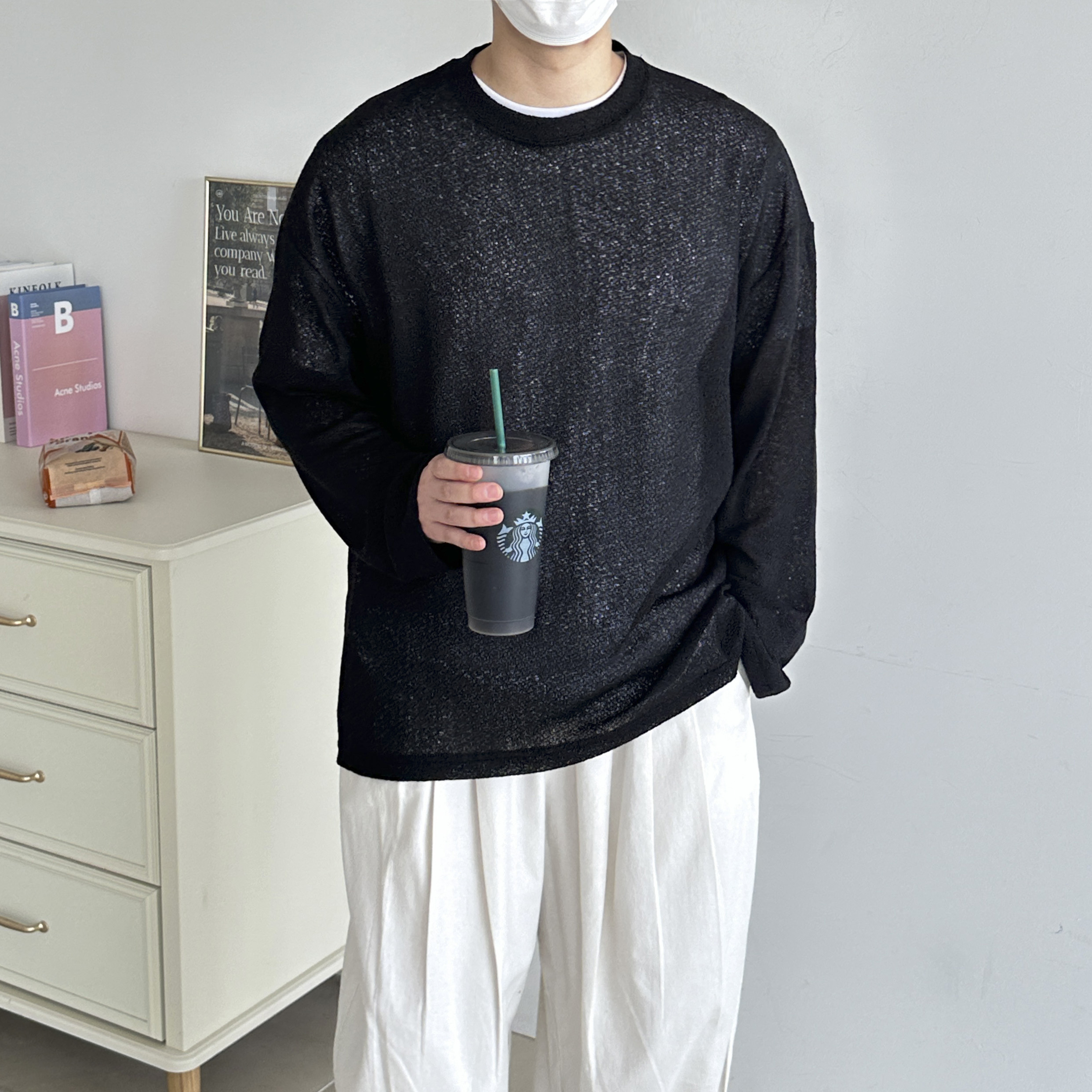 린넨 망사 그물 시스루 펀팅 여름 롱 슬리브 긴팔 티셔츠 바캉스 스윔비치웨어 4color - 상품 이미지
