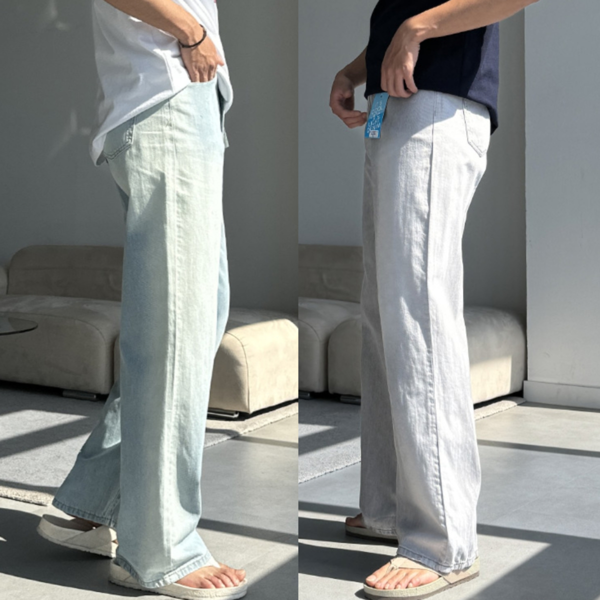 남자 와디 여름 아이스 3단기장 스톤워싱 와이드 데님