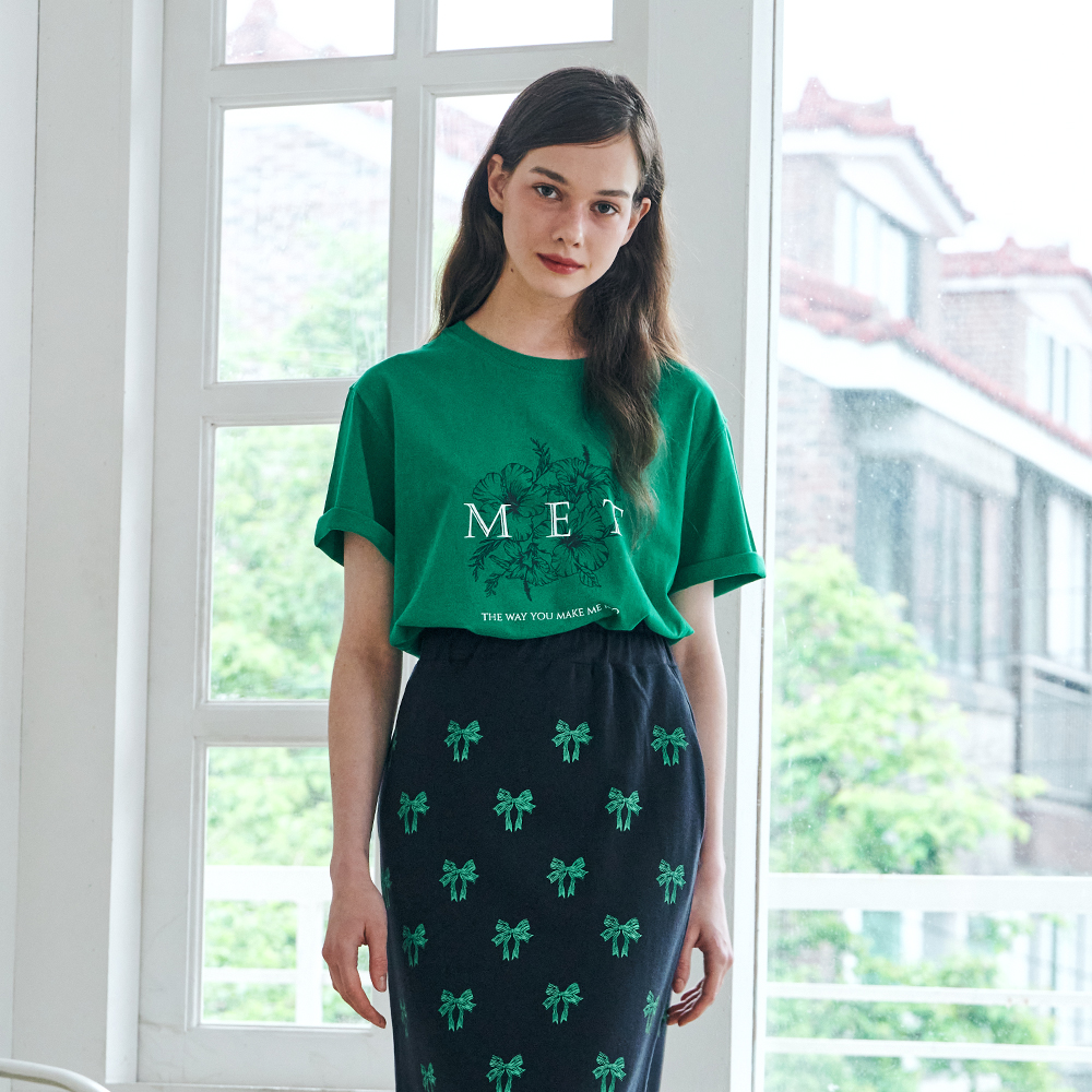 [메타퍼] 여성 여름 티셔츠 여성 반팔티 투톤 플라워 그린