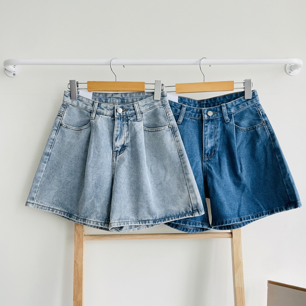 여름 3부 데님 청반바지 A라인청반바지 여성 핀턱 하이웨스트 숏팬츠