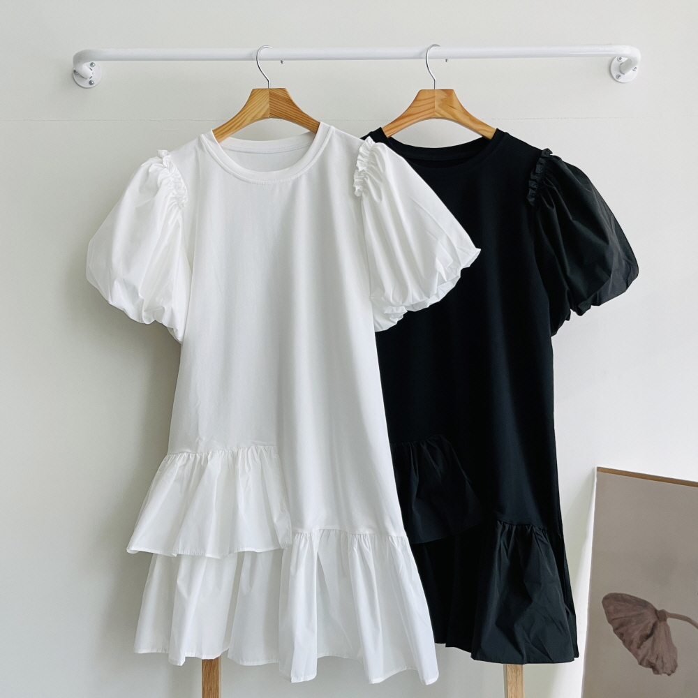 여름 여성 키작녀 캉캉 미니원피스 A라인 벌룬 프릴 휴양지 하객 원피스