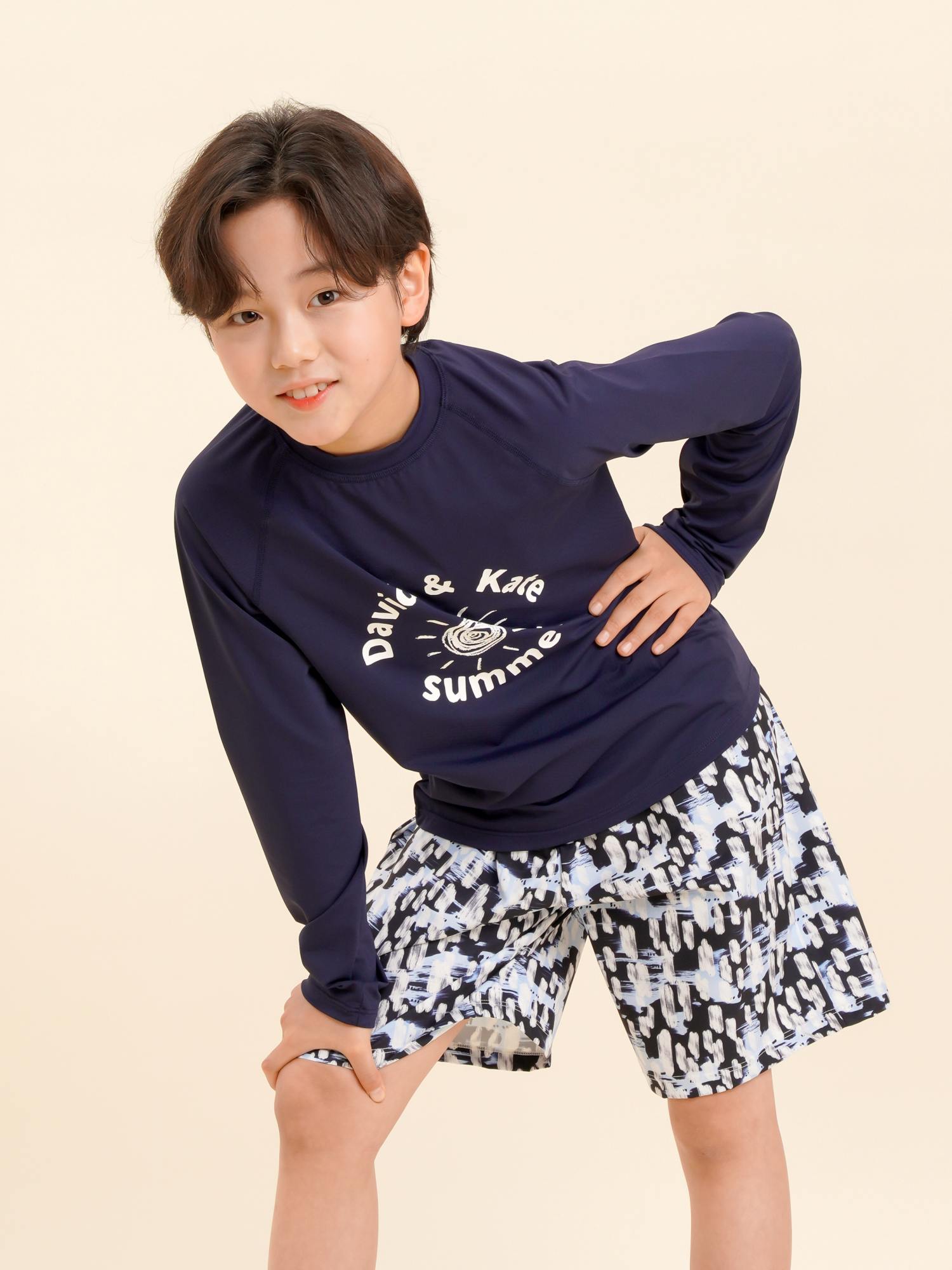 데이빗앤케이트 주니어 초등학생 남아 수영복 래쉬가드 플랩캡 세트 Navy Print 이미지 7