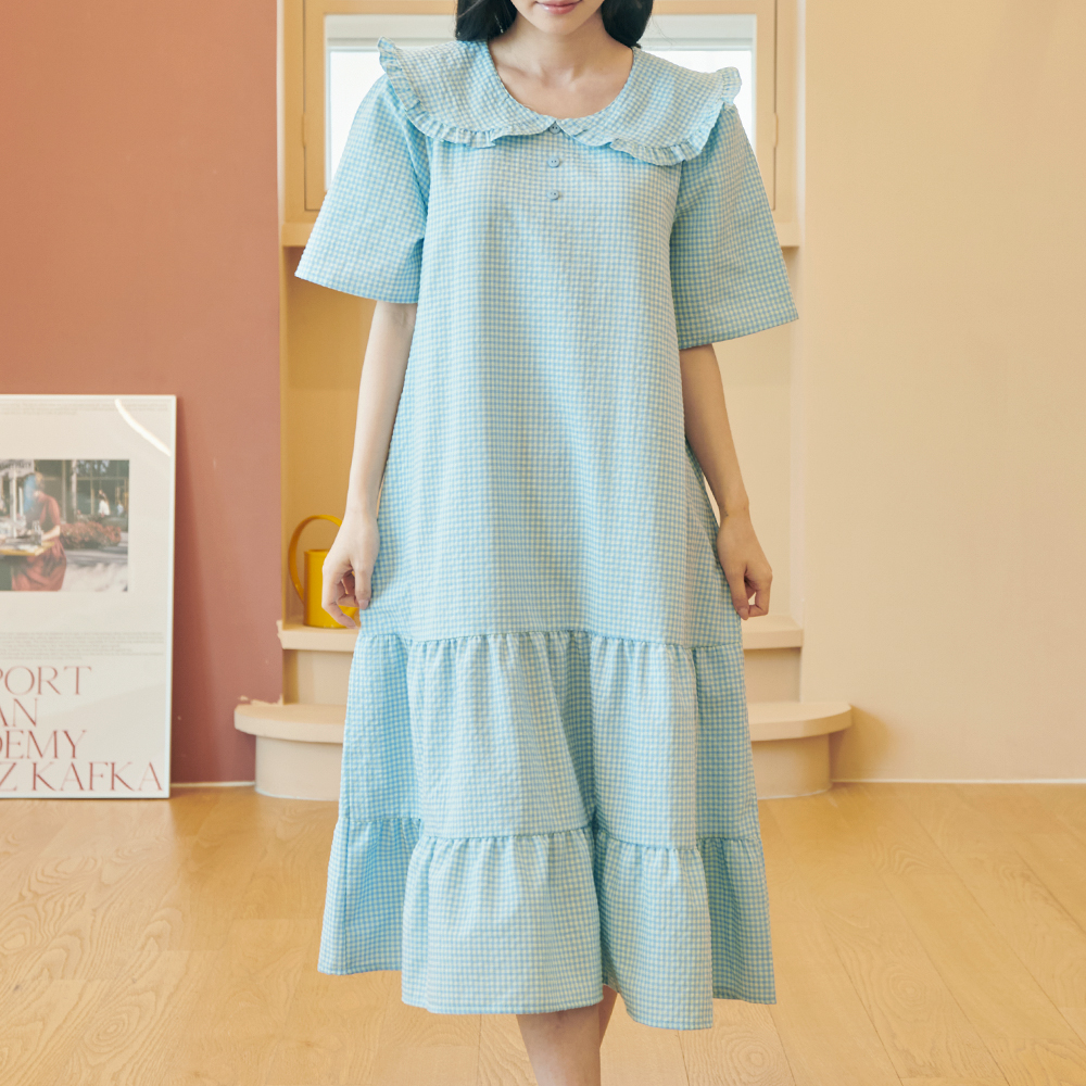 여성 원피스 체크 홈웨어 면 반팔 여름 24S142(CP체크)