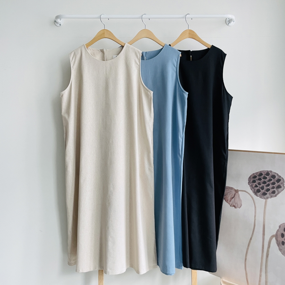 린넨 민소매원피스 여름 여성 베이직 루즈핏 뒷트임 롱원피스 데일리 휴양지