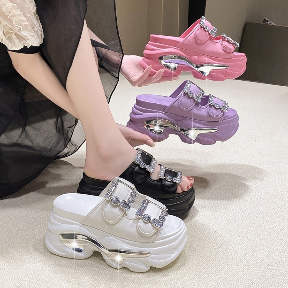 사각큐빅버클 키높이통굽 슬리퍼 휴양지 여름 화려한 패션 9CM 핑크 화이트 블랙 퍼플 - 상품 이미지