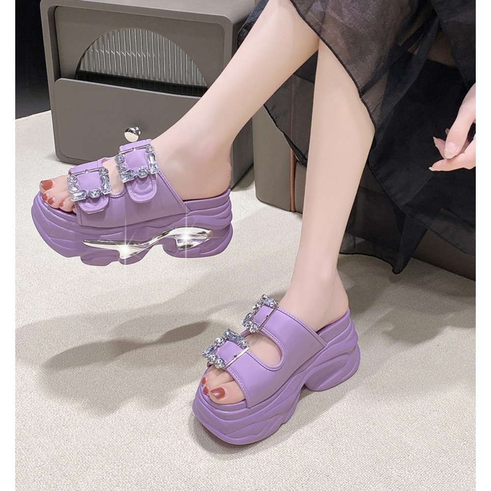 사각큐빅버클 키높이통굽 슬리퍼 휴양지 여름 화려한 패션 9CM 핑크 화이트 블랙 퍼플 - 상세 이미지 4