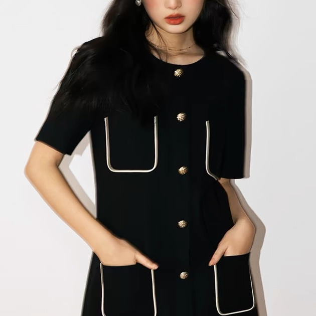 여성 가을정장 블랙 슬림핏 원피스 결혼식 하객룩 배색포켓 - 상품 이미지