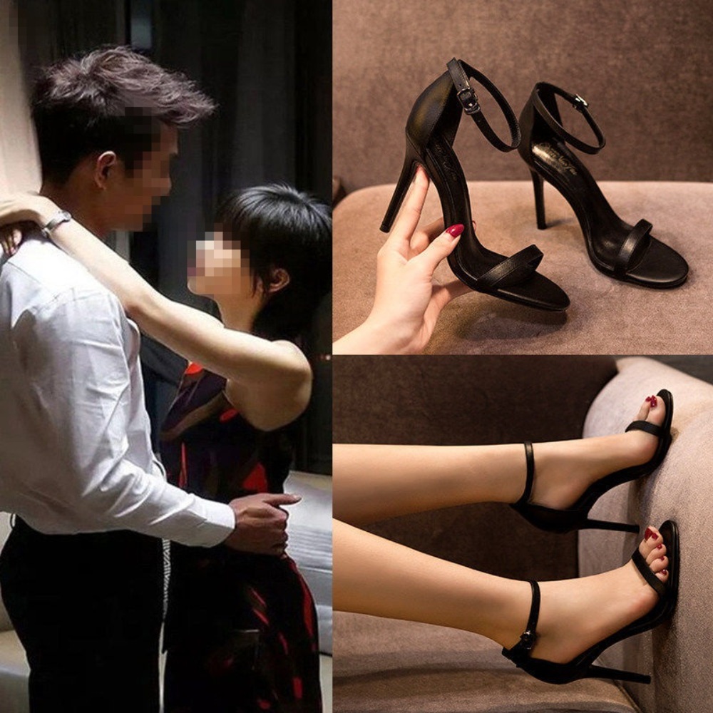 여성 발목 스트랩 힐 샌들 심플 클래식 가죽 오픈토 베이지 블랙 7CM 10CM - 상세 이미지 5