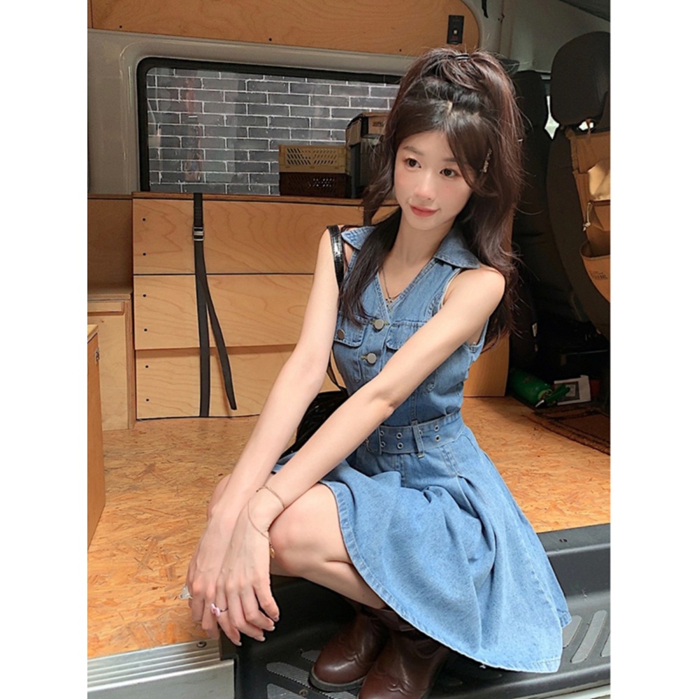 블랙핑크 지수 데님 원피스 민소매 슬리브리스 의상 옷 패션 - 상세 이미지 2