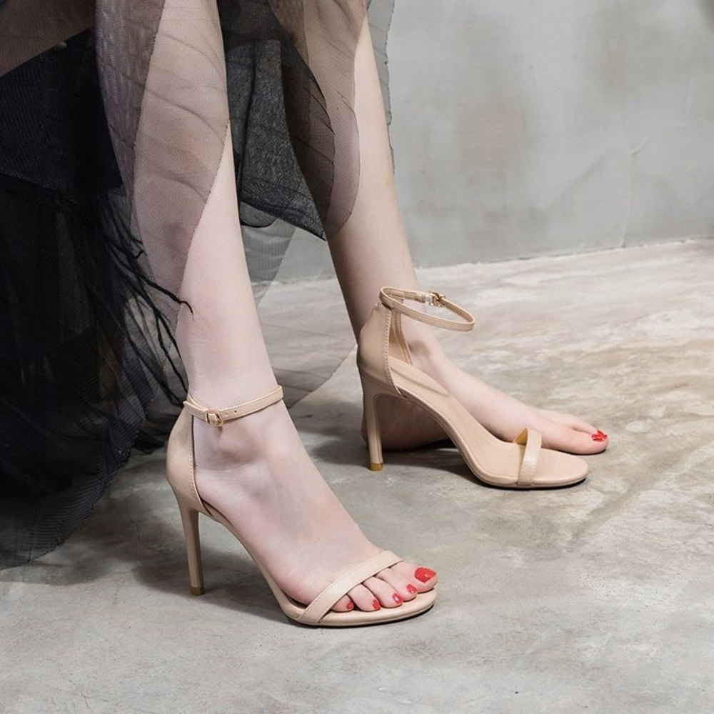 여성 발목 스트랩 힐 샌들 심플 클래식 가죽 오픈토 베이지 블랙 7CM 10CM - 상품 이미지