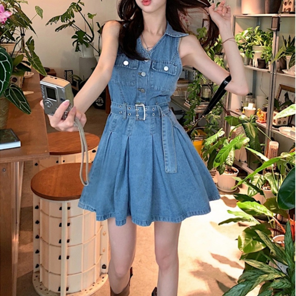 블랙핑크 지수 데님 원피스 민소매 슬리브리스 의상 옷 패션 - 메인 이미지