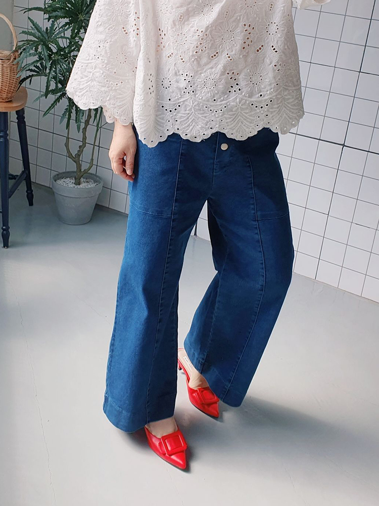 핀턱 데님 스판 통 팬츠 와이드 청바지 - 메인 이미지