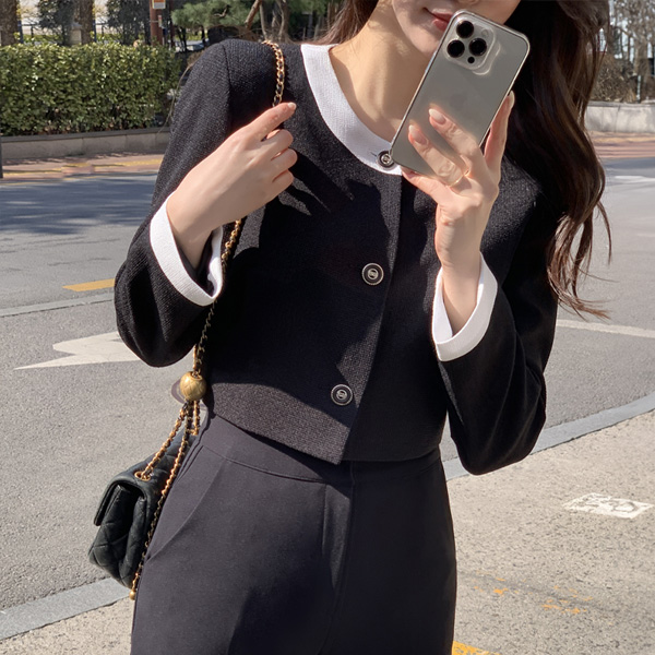 가을 크롭 배색 트위드 자켓 하객룩 결혼식자켓 셋업가능 jk2115
