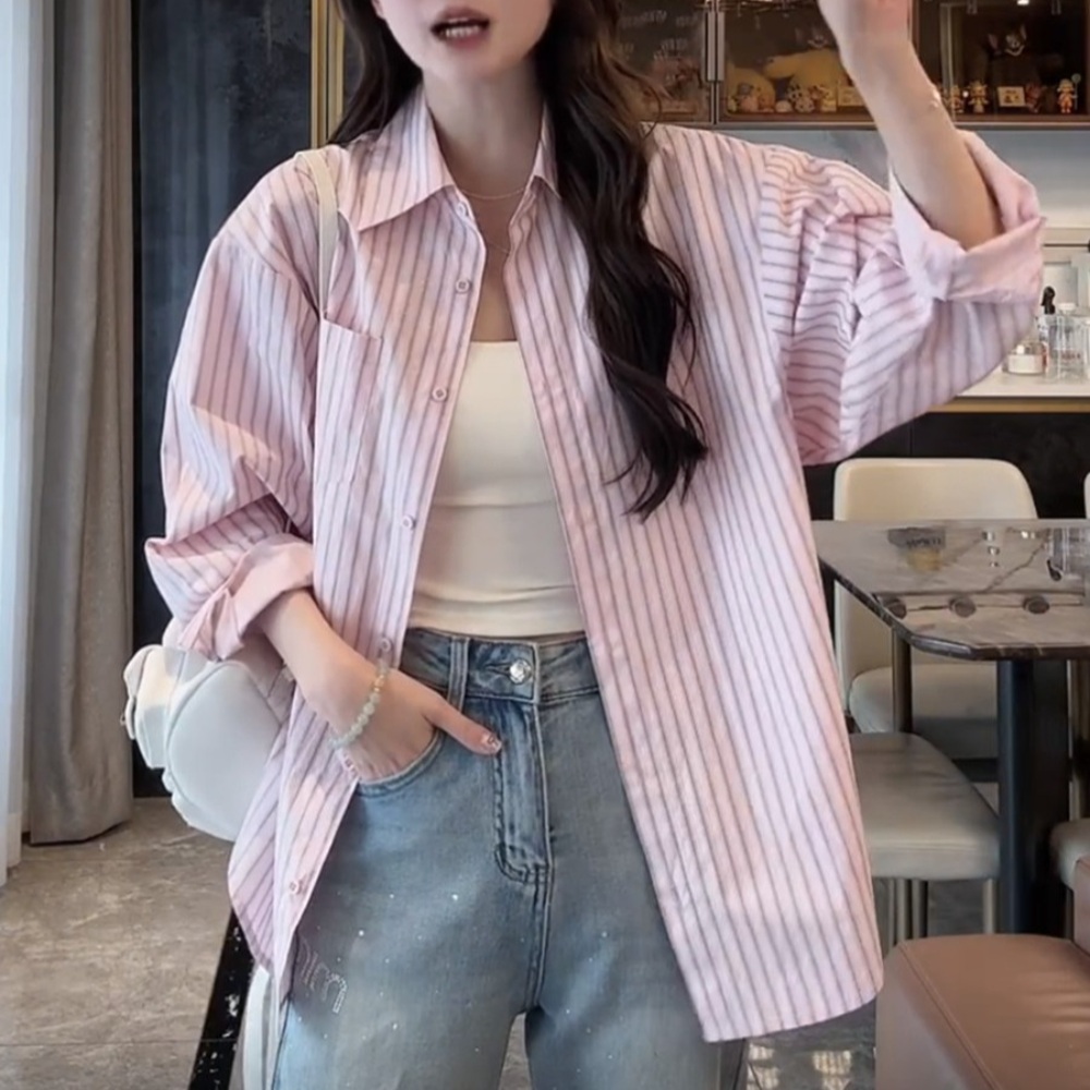 얇은 핑크스트라이프 셔츠 여자 연예인 패션 루즈핏 캐주얼 여행 봄 여름 - 상품 이미지