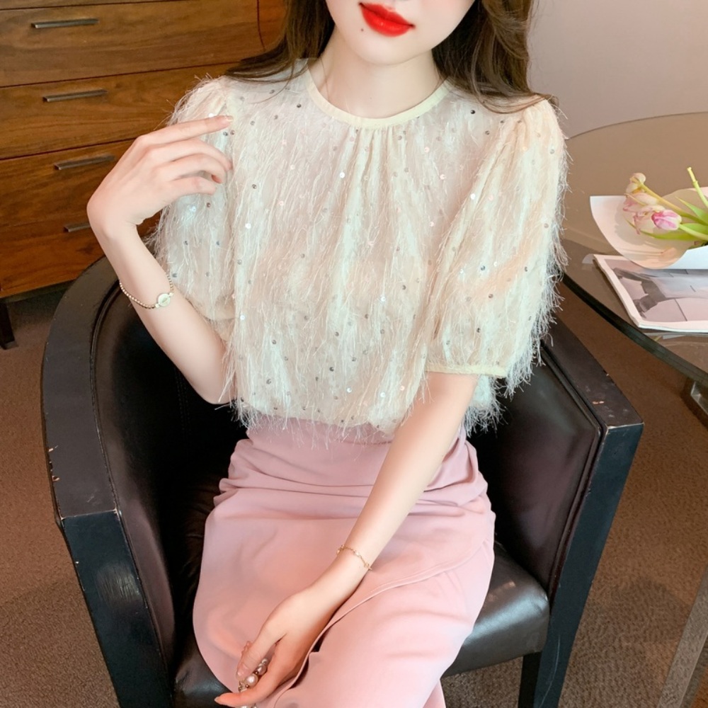 라운드넥 스팽글 반팔 블라우스 루즈핏 고급 소개팅 며느리 연예인 패션 코디 예쁜 디자인 - 상세 이미지 4