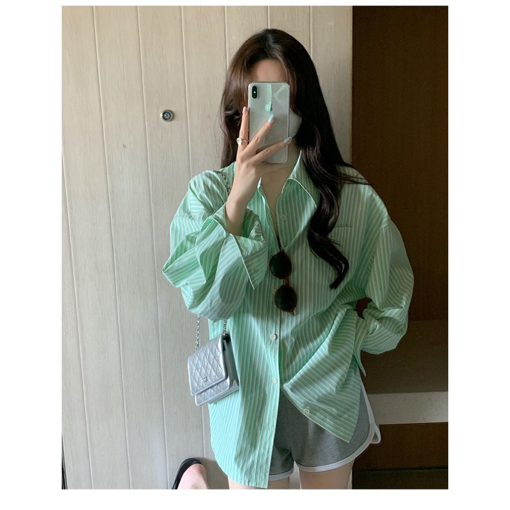 핑크 스트라이프 셔츠 캐주얼 데일리 여자 연예인 드라마 패션 코디 봄 여름 5컬러 - 상세 이미지 4