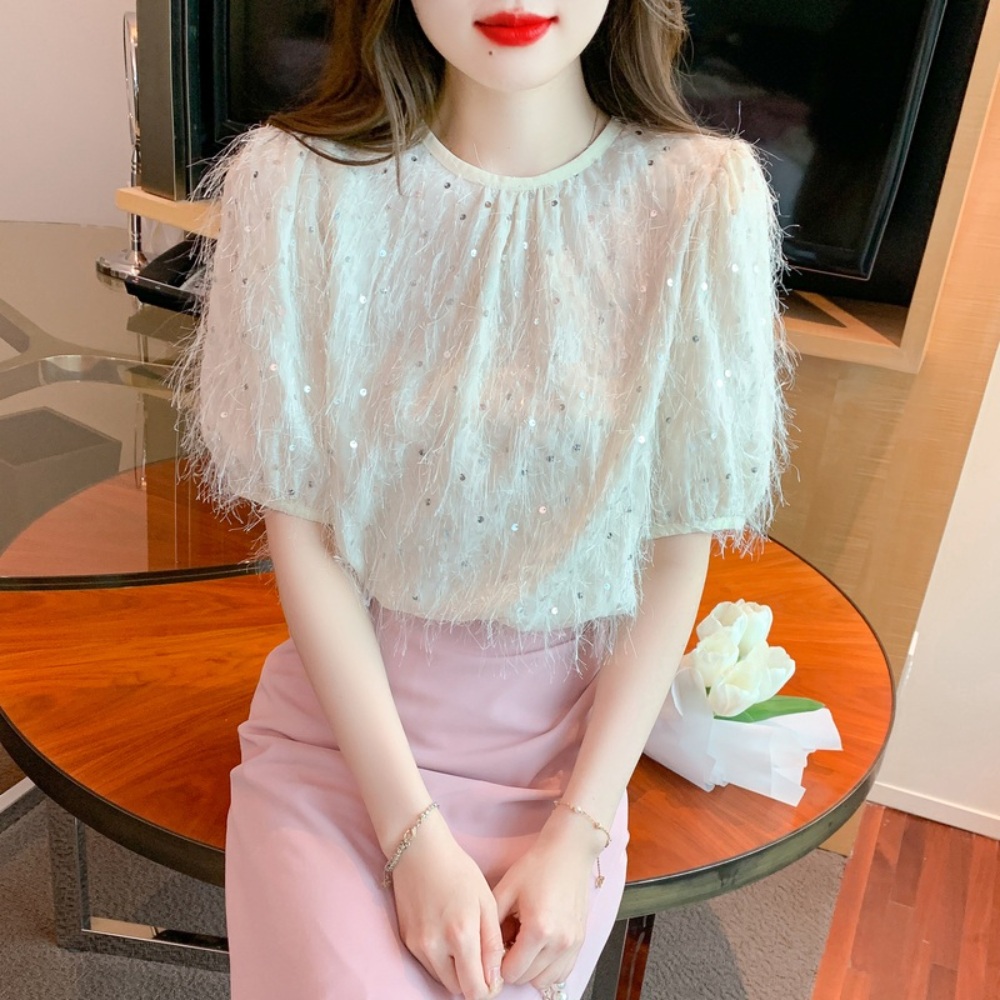 라운드넥 스팽글 반팔 블라우스 루즈핏 고급 소개팅 며느리 연예인 패션 코디 예쁜 디자인 - 상세 이미지 3