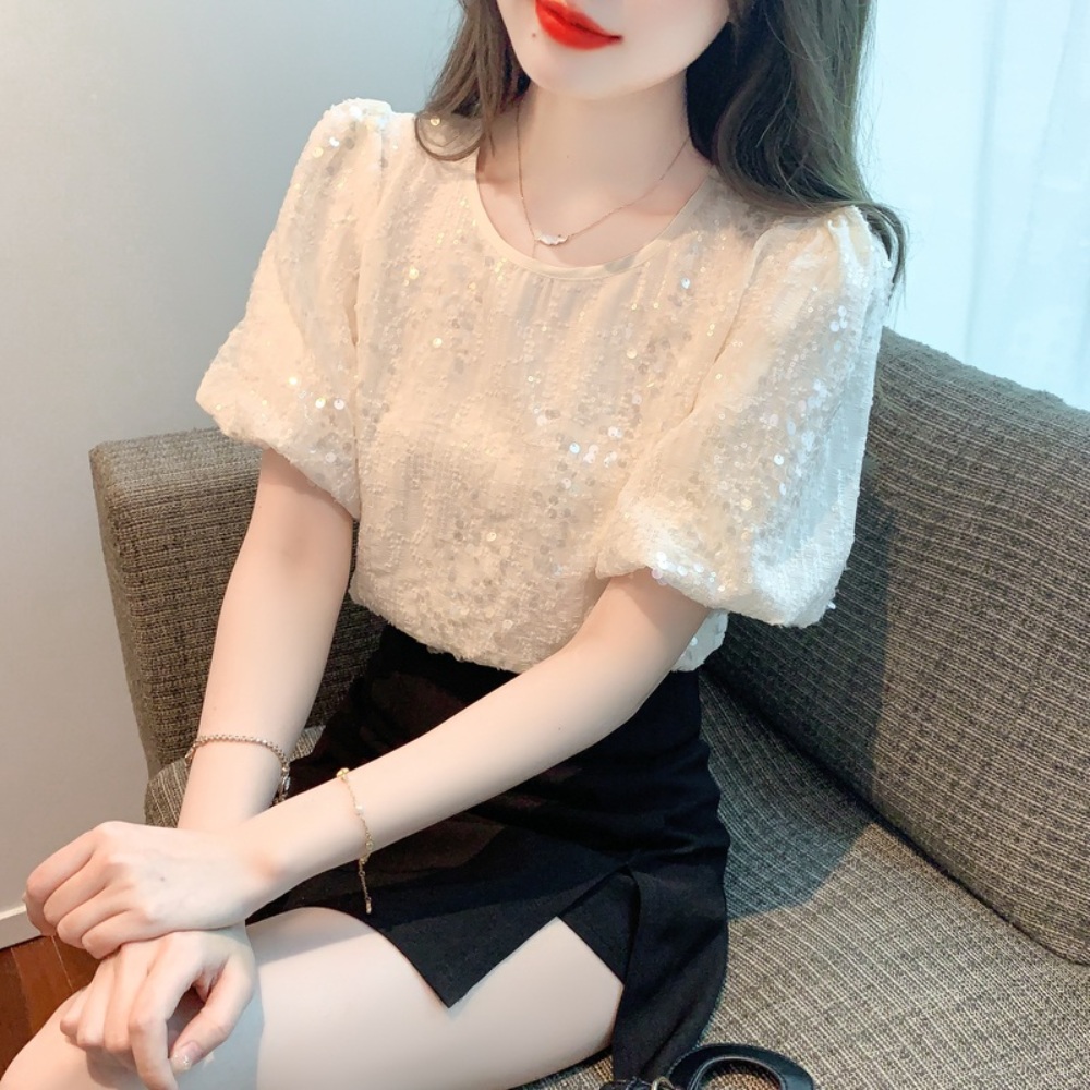스팽글 반팔 퍼프 블라우스 얇은 클래식 심플 여름 패션 연예인 드라마 코디 40대 아이보리 - 상품 이미지