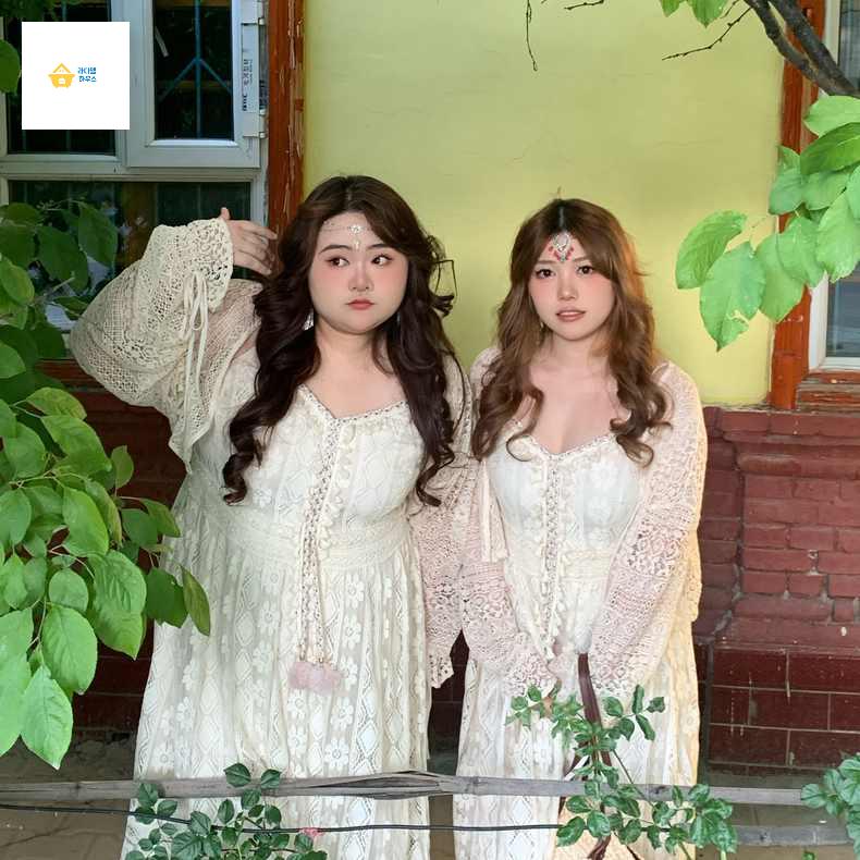 레이스 빅사이즈 브이넥 롱 루즈핏 끈 펀칭원피스 - 상세 이미지 4