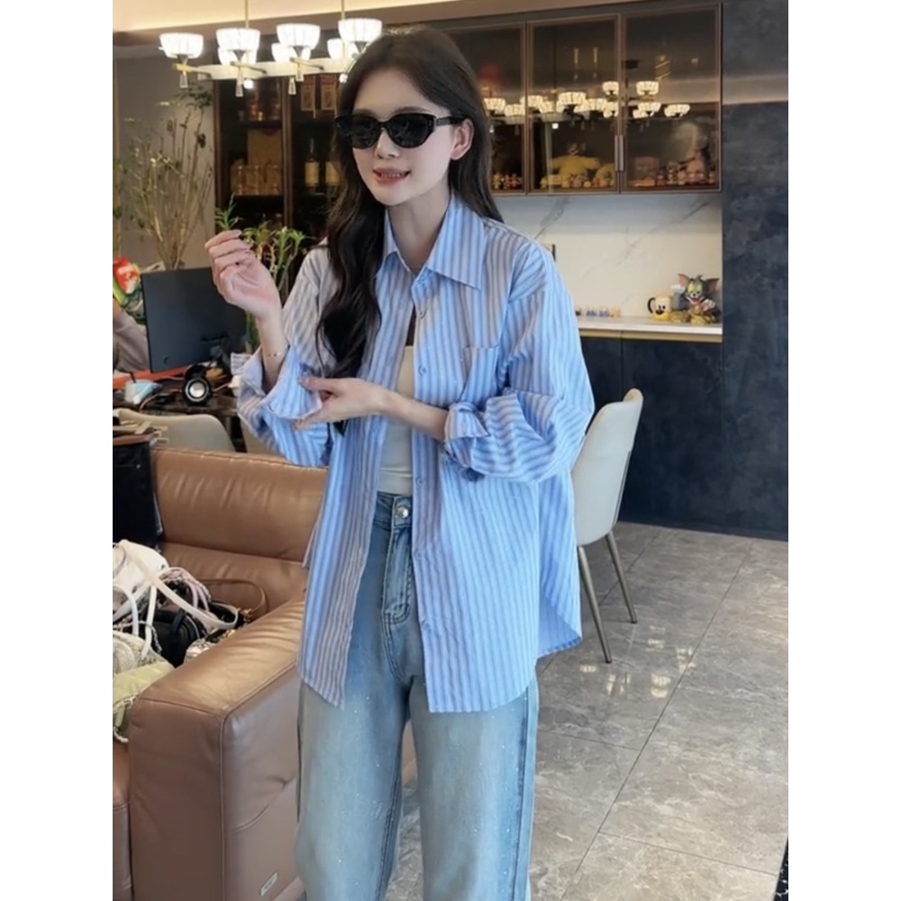 얇은 핑크스트라이프 셔츠 여자 연예인 패션 루즈핏 캐주얼 여행 봄 여름 - 상세 이미지 4