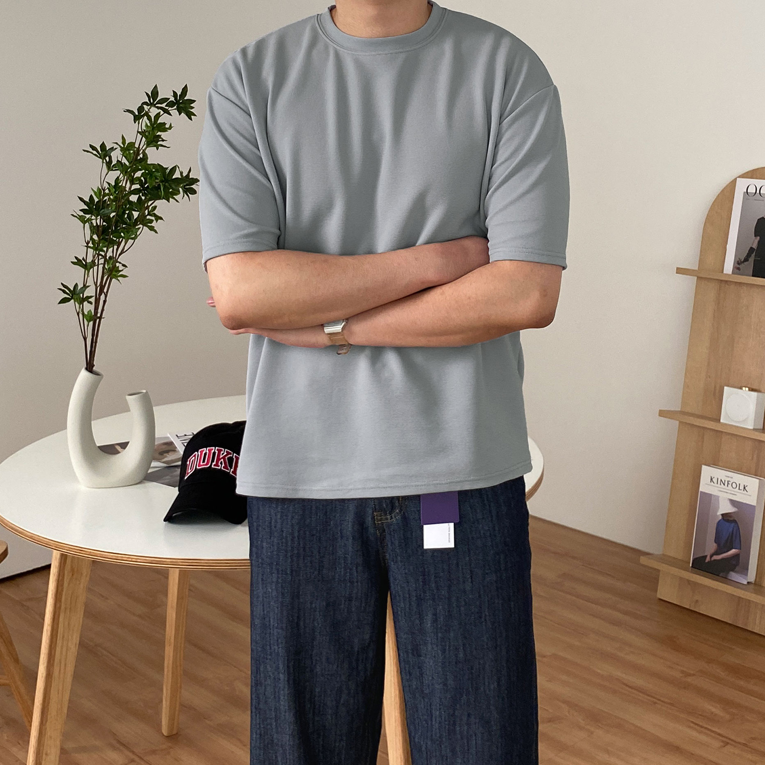 남자오버핏반팔 레이어드 흰티 흰색면티 - 상세 이미지 5