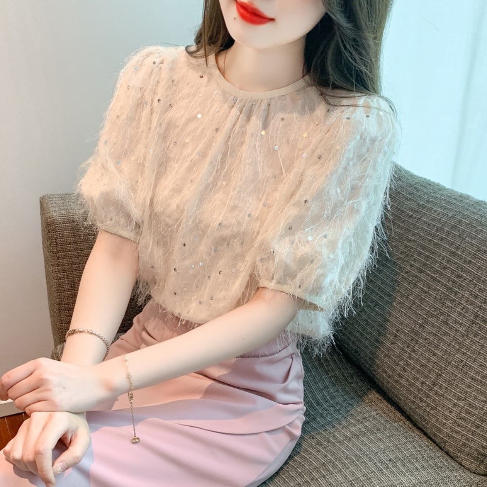 라운드넥 스팽글 반팔 블라우스 루즈핏 고급 소개팅 며느리 연예인 패션 코디 예쁜 디자인 - 상품 이미지