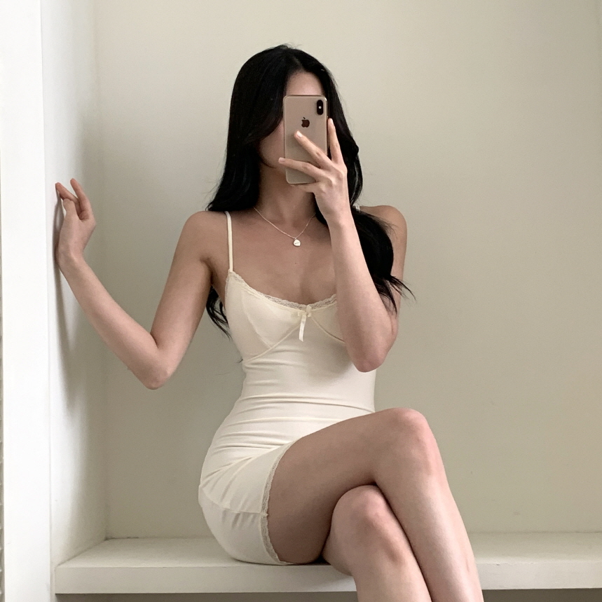 [캡내장/Y존커버] 제프 레이스 리본 나시 민소매 이너 와이존 커버 속치마 스판 미니 원피스 상세 이미지 21