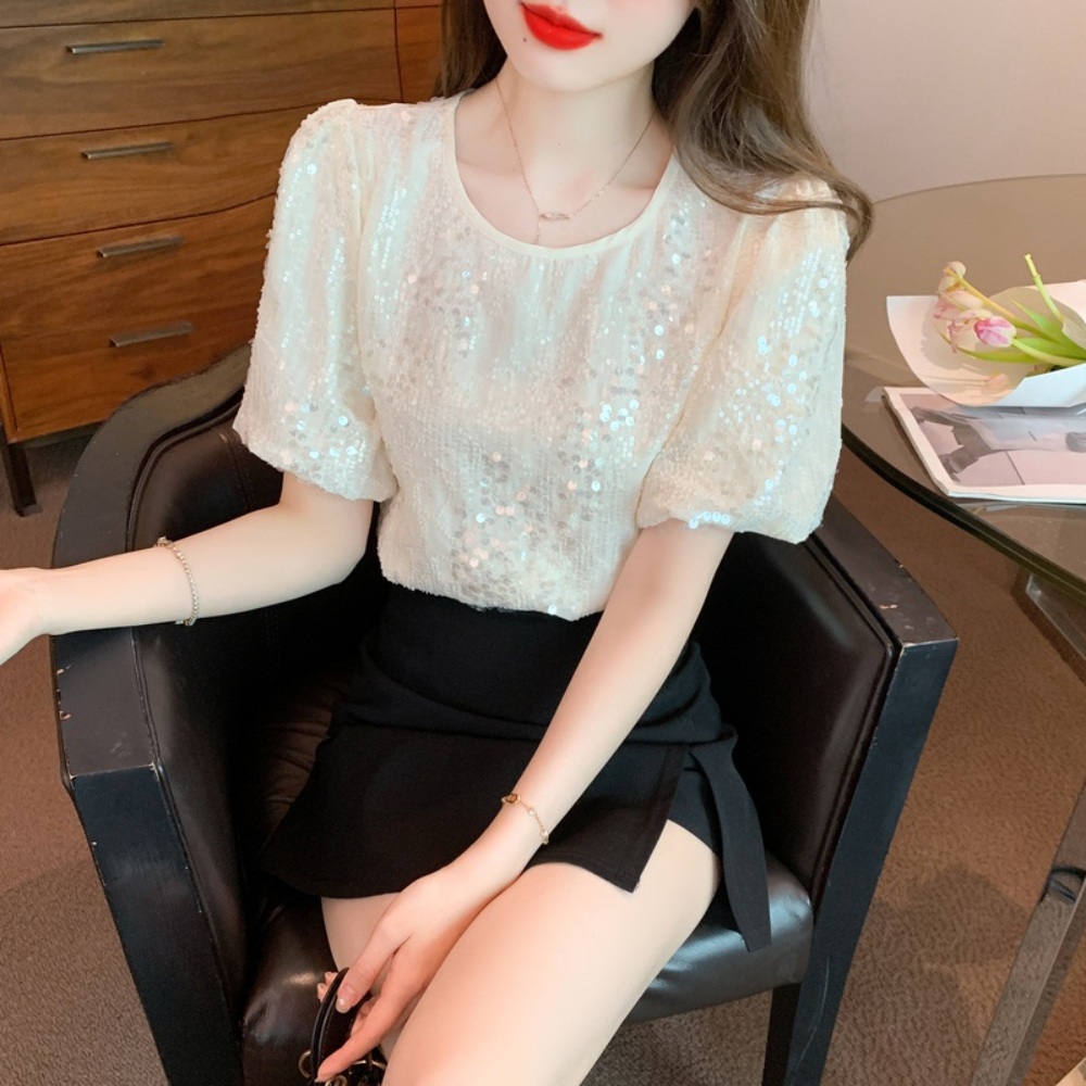 스팽글 반팔 퍼프 블라우스 얇은 클래식 심플 여름 패션 연예인 드라마 코디 40대 아이보리 - 상세 이미지 4