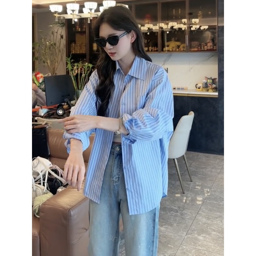 얇은 핑크스트라이프 셔츠 여자 연예인 패션 루즈핏 캐주얼 여행 봄 여름 - 상세 이미지 5
