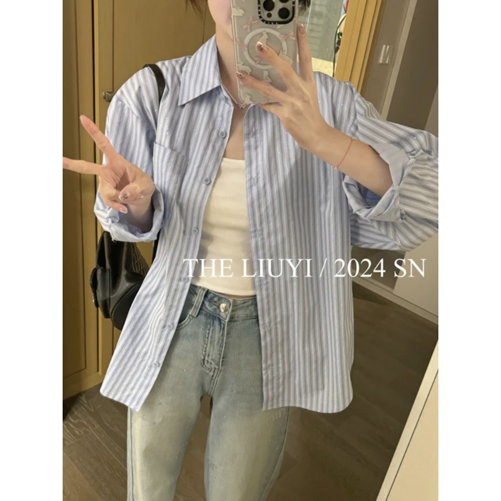 얇은 핑크스트라이프 셔츠 여자 연예인 패션 루즈핏 캐주얼 여행 봄 여름 - 상세 이미지 2