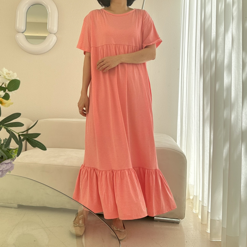 빅사이즈 여름 시원한 면 프릴 롱 원피스 소매 라운드넥 레이어드 맥시 원피스 원마일웨어
